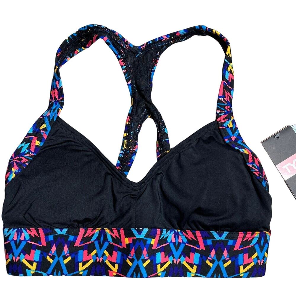 TYR DuraFast Carnivale Isla Sporty Bikini Swim Top Black Multi Sz Small 4/6 $45